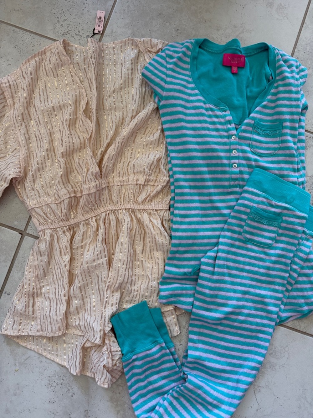 Victoria's Secret Teal and Gray Striped Pajama Set with Cream Sequin Romper